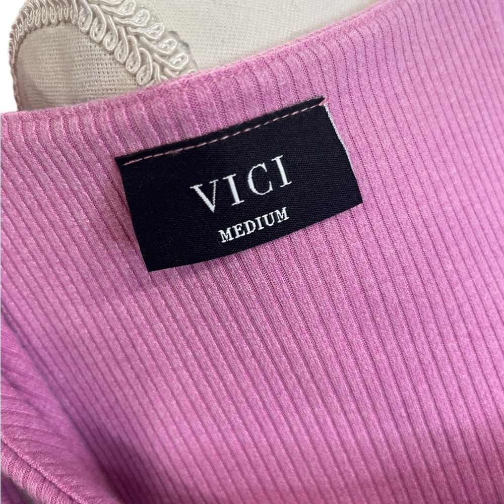 VICI Pink Ribbed Knit Bodycon Midi Dress Square Neck Side Slit Size M - Picture 12 of 14